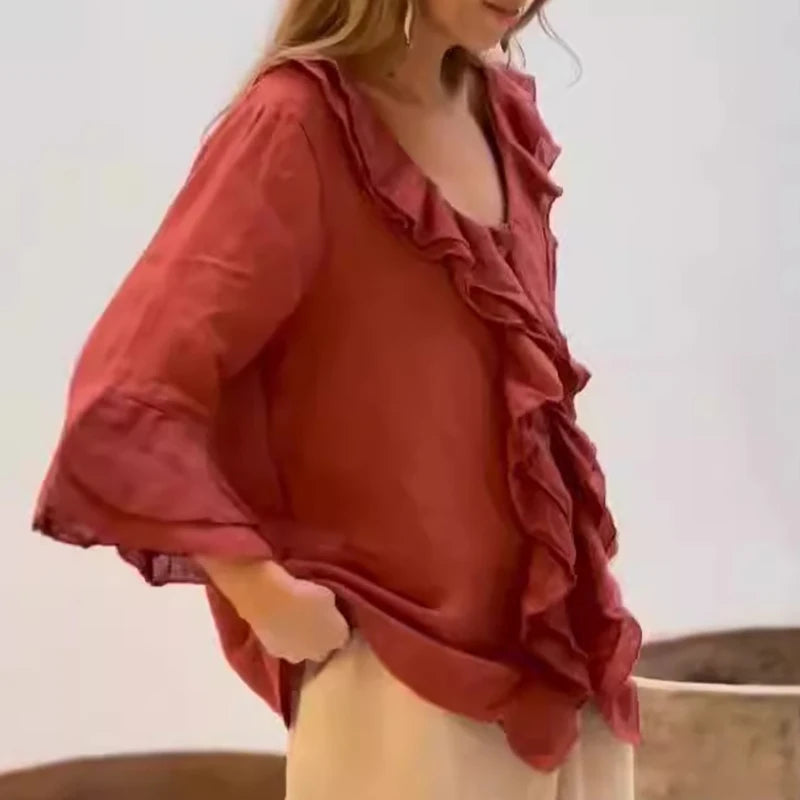 Elegant V-Neck Ruffle Blouse