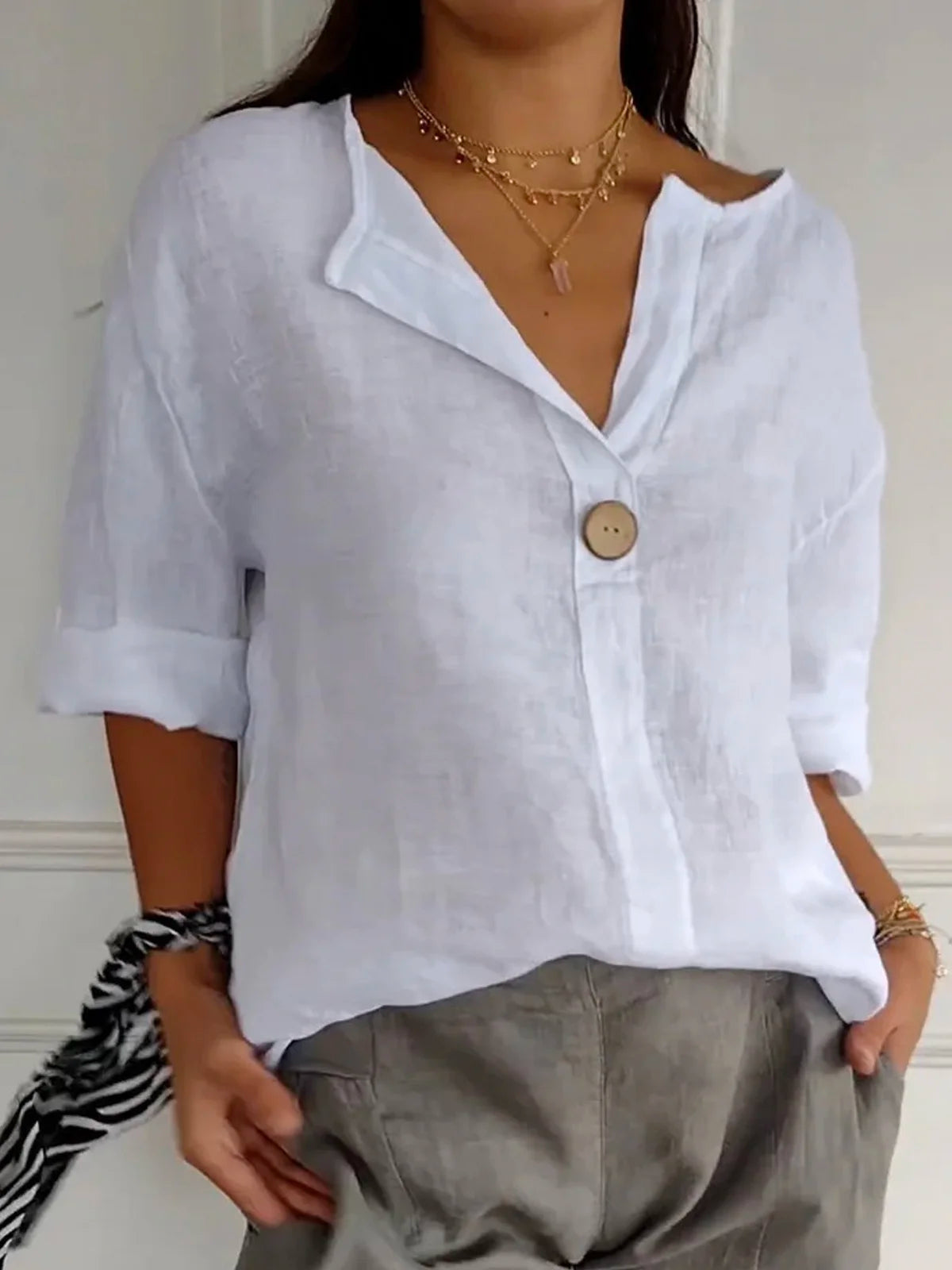 WhisperSoft Linen V-Neck Blouse